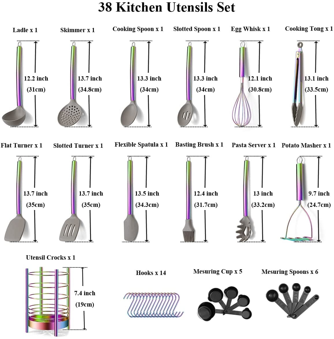 38 Piece Rainbow Silicone Kitchen Utensils Set with Stainless Steel Handles and Storage Crocks, Non-Stick Dishwasher Safe Cooking Tools - Image 3