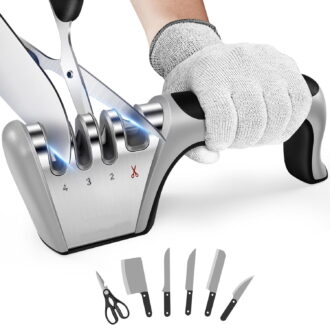 4-in-1 Knife Sharpener, 4-Stage Professional Sharpening System for Kitchen Knives, Scissors, Fruit & Steel Knives with Premium Polish Blades