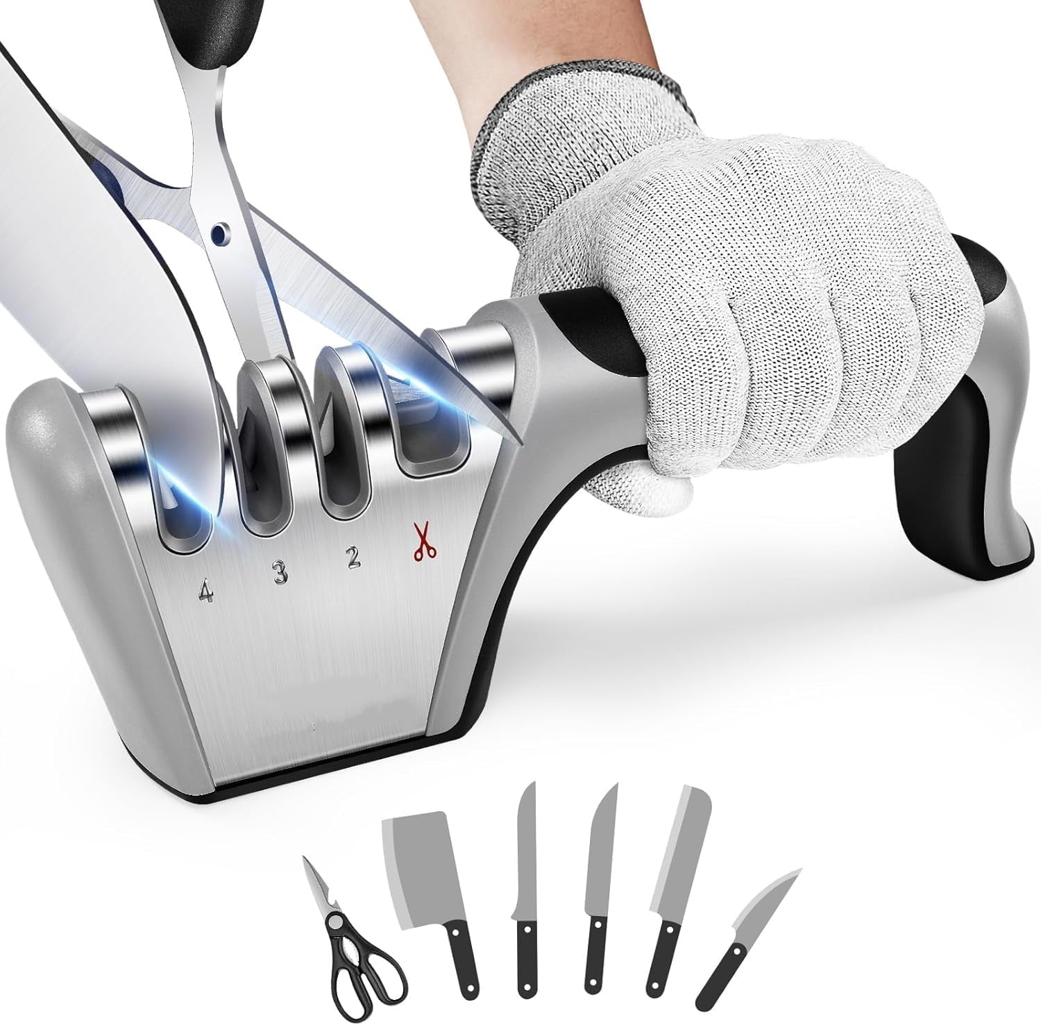 4-in-1 Knife Sharpener, 4-Stage Professional Sharpening System for Kitchen Knives, Scissors, Fruit & Steel Knives with Premium Polish Blades