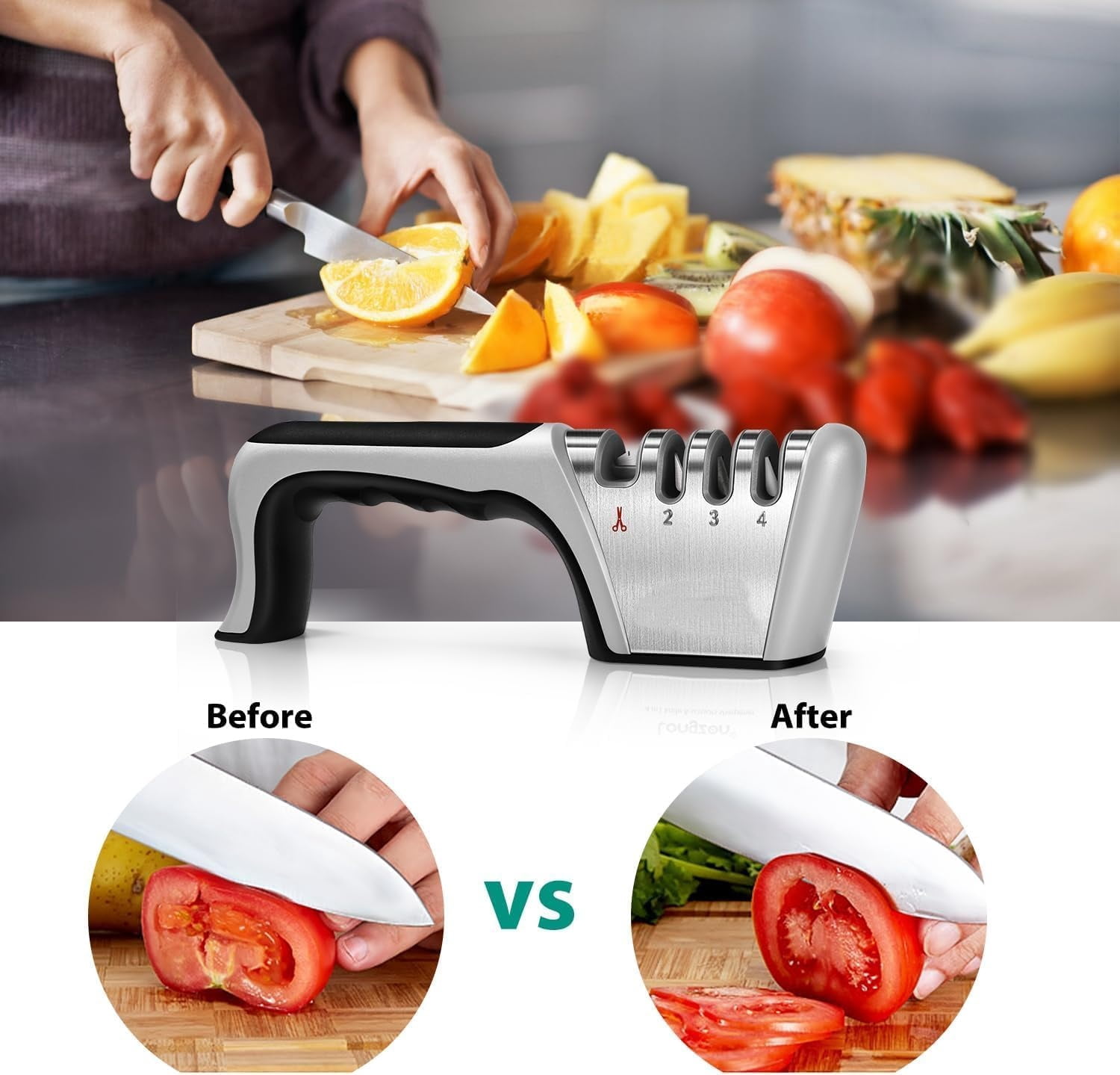 4-in-1 Knife Sharpener, 4-Stage Professional Sharpening System for Kitchen Knives, Scissors, Fruit & Steel Knives with Premium Polish Blades - Image 2