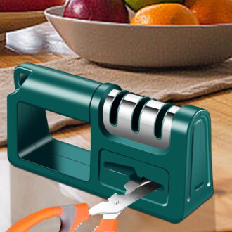 4-in-1 Knife Sharpener for Kitchen Knives & Scissors, Rough & Fine Grinding Wheels, Multi-Tool Sharpener with ABS & Stainless Steel, Compact 19cm for Home & Professional Use
