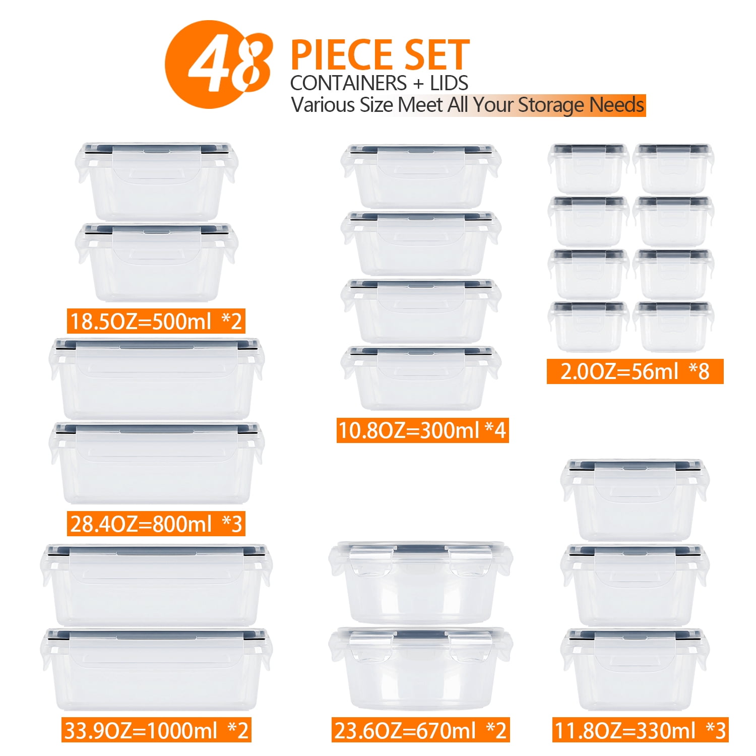 48 PCS Plastic Food Storage Containers with Lids (24 Containers & 24 Lids), Leakproof BPA-Free Containers for Kitchen Organization, Meal Prep, Reusable Lunch Container - Image 4