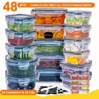 48-Piece Deluxe Food Storage Containers Set - Airtight, BPA-Free, Easy-Snap Lids, and Stackable - Includes 24 Containers, 24 Lids, Free Labels, and Marker for Pantry and Kitchen Organization