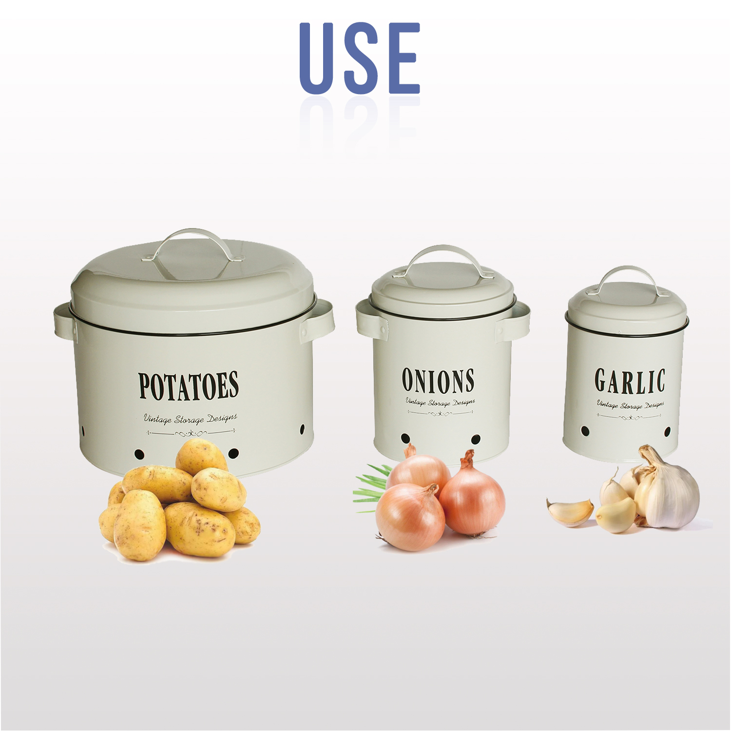 4W 3-Piece Metal Kitchen Storage Canister Set with Lids, Breathable Containers for Potato, Onion and Garlic, Countertop Organizer - Image 2