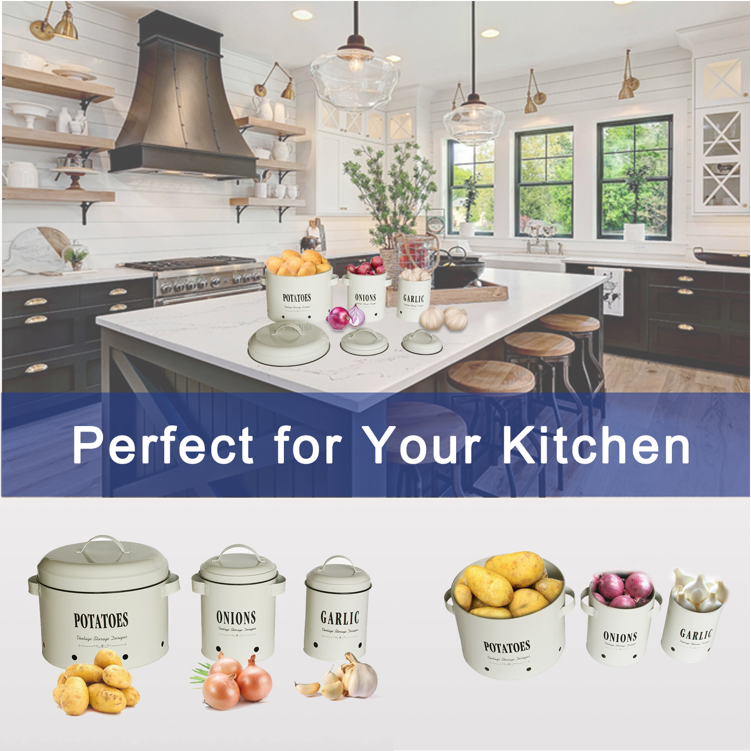 4W 3-Piece Metal Kitchen Storage Canister Set with Lids, Breathable Containers for Potato, Onion and Garlic, Countertop Organizer - Image 4