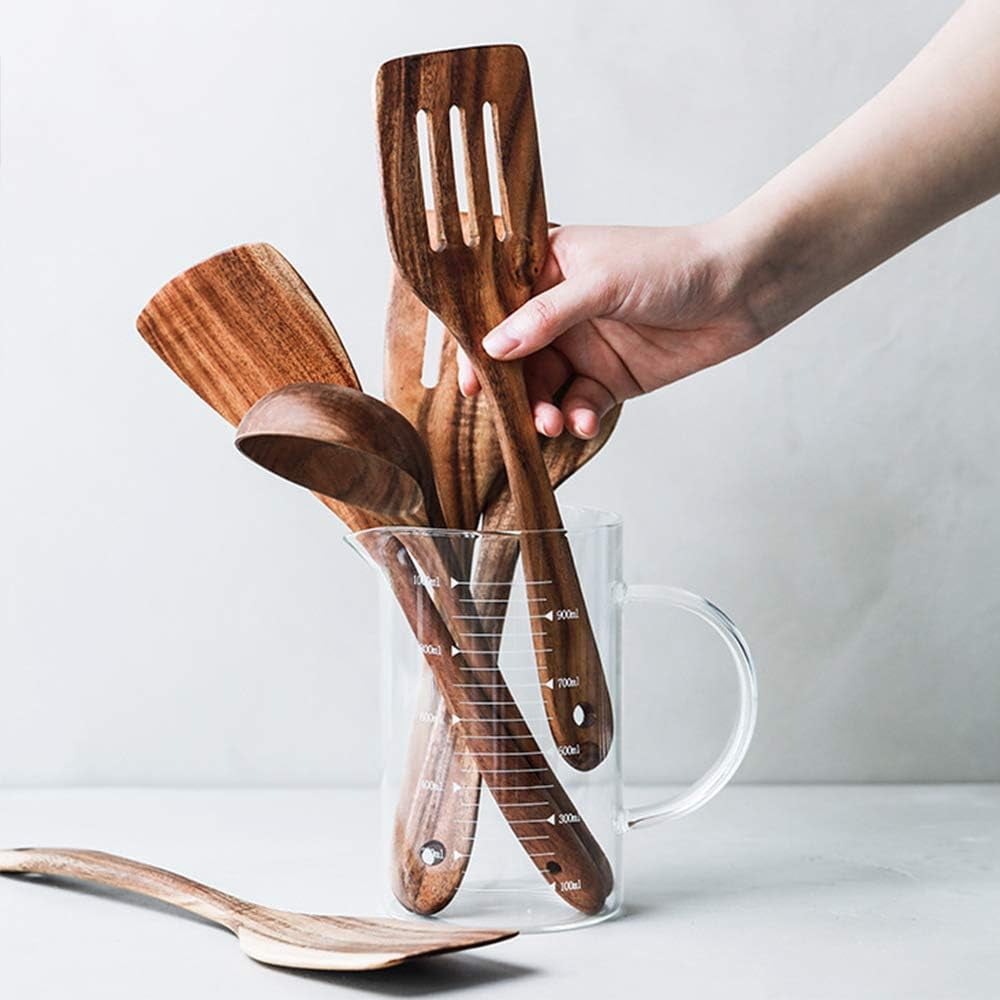 5 Pcs Wooden Spoons for Cooking Kitchen Utensils Set Non Stick Spoon Acacia Wood Utensil Cooking Spatula Turner Slotted Spoon Flat Wooden Spatula Set Mixing Cooking Spoons Kitchen Utensils - Image 4