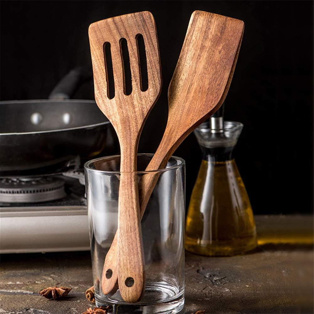5 Pcs Wooden Spoons for Cooking Kitchen Utensils Set Non Stick Spoon Acacia Wood Utensil Cooking Spatula Turner Slotted Spoon Flat Wooden Spatula Set Mixing Cooking Spoons Kitchen Utensils - Image 2