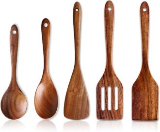 5 Pcs Wooden Spoons for Cooking Kitchen Utensils Set Non Stick Spoon Acacia Wood Utensil Cooking Spatula Turner Slotted Spoon Flat Wooden Spatula Set Mixing Cooking Spoons Kitchen Utensils