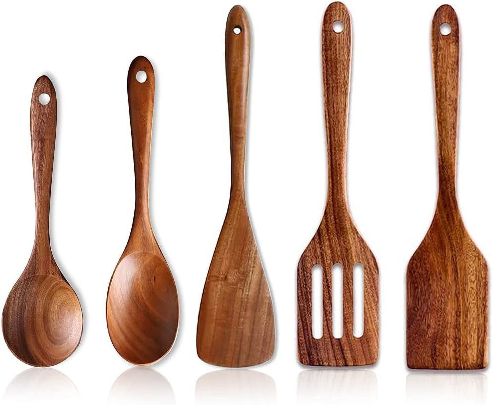 5 Pcs Wooden Spoons for Cooking Kitchen Utensils Set Non Stick Spoon Acacia Wood Utensil Cooking Spatula Turner Slotted Spoon Flat Wooden Spatula Set Mixing Cooking Spoons Kitchen Utensils