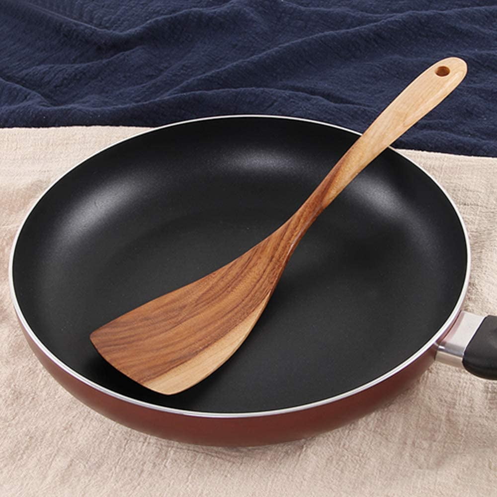 5 Pcs Wooden Spoons for Cooking Kitchen Utensils Set Non Stick Spoon Acacia Wood Utensil Cooking Spatula Turner Slotted Spoon Flat Wooden Spatula Set Mixing Cooking Spoons Kitchen Utensils - Image 5