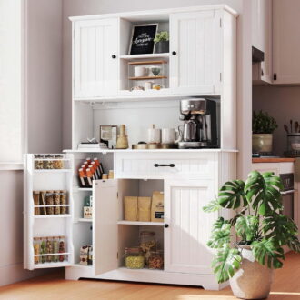 67" Kitchen Hutch Cabinet with 5 Doors and 14 Shelves, Noelse Large Wooden Kitchen Pantry Storage Cabinet with Drawer, Tall Coffee Bar for Dining Room, White