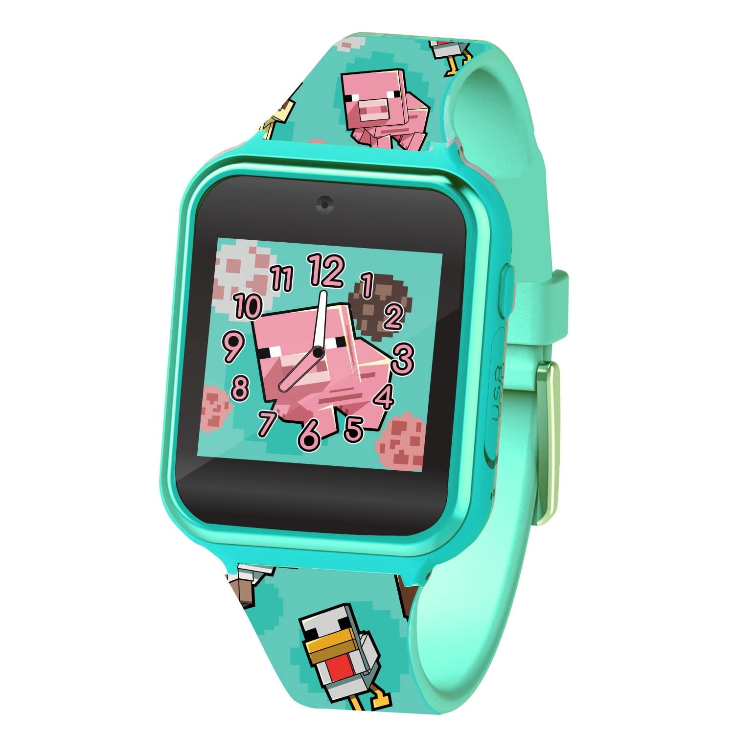 Accutime Minecraft Kids Green & Pink Educational Learning Touchscreen Smart Watch Toy for Girls, Boys, Toddlers - Selfie Cam, Learning Games, Alarm, Calculator, Pedometer & More (Model: MIN4161AZ)