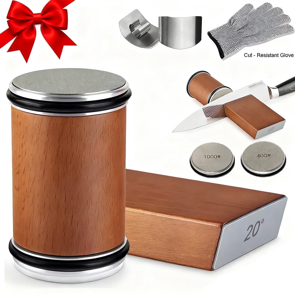 Akatsuki Tumbler Rolling Knife Sharpener Set Kit,15°/20°Magnetic Angle 400/1000 Diamond Sharpening Stone, for Kitchen Pocket Steel Knives with Finger Guard & Cut-Resistant Glove