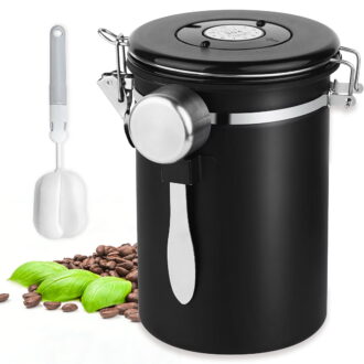 Aovky Coffee Canister, Airtight 22OZ Stainless Steel Coffee Container with Date Tracker & Measuring Scoop, Kitchen Food Storage Jar for for Coffee Beans, Grounds, Tea, Sugar, Cereal, Black