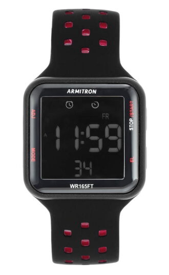 Armitron Unisex Adult Sport Black Red Square Wristwatch with Silicone Band