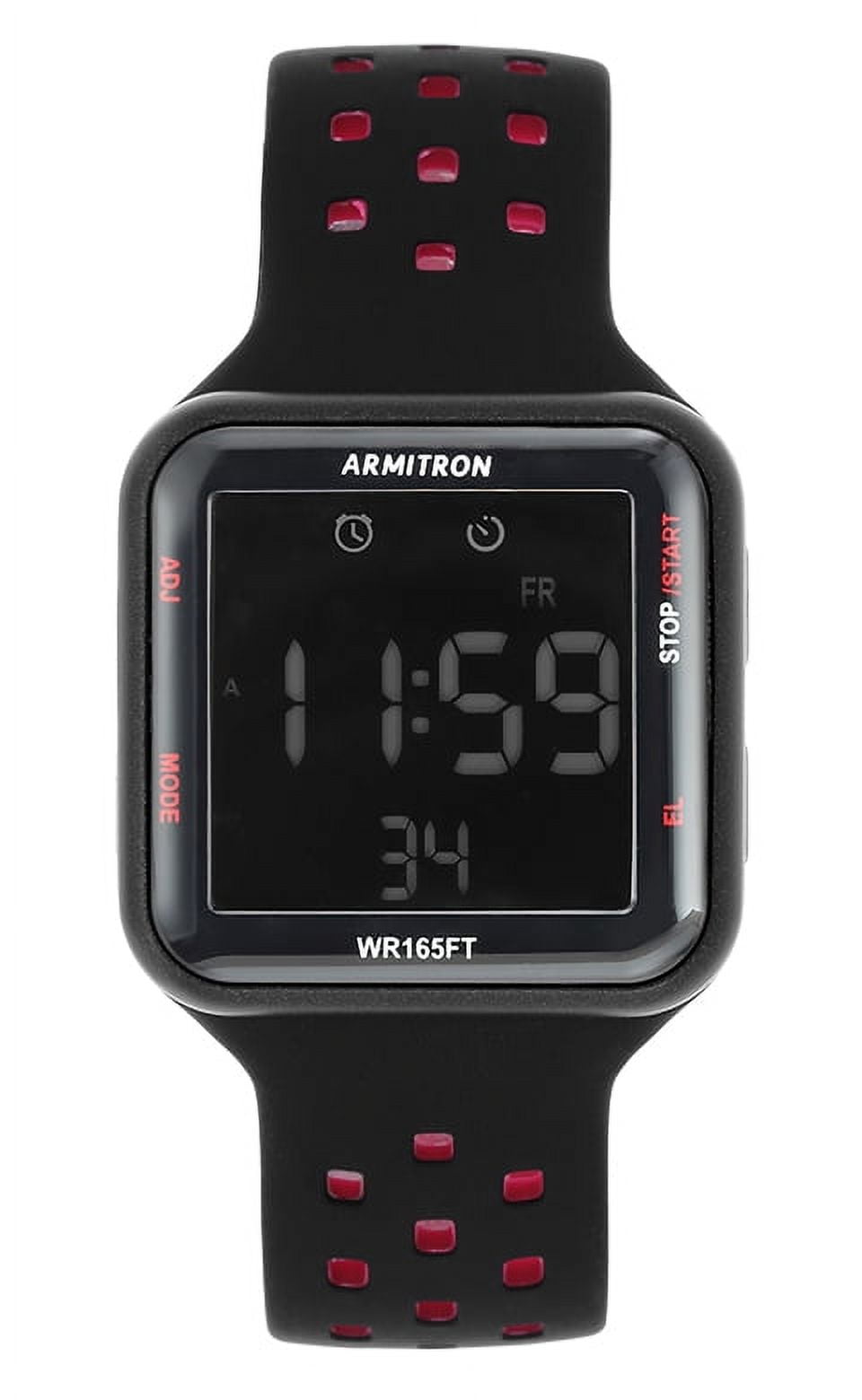 Armitron Unisex Adult Sport Black Red Square Wristwatch with Silicone Band
