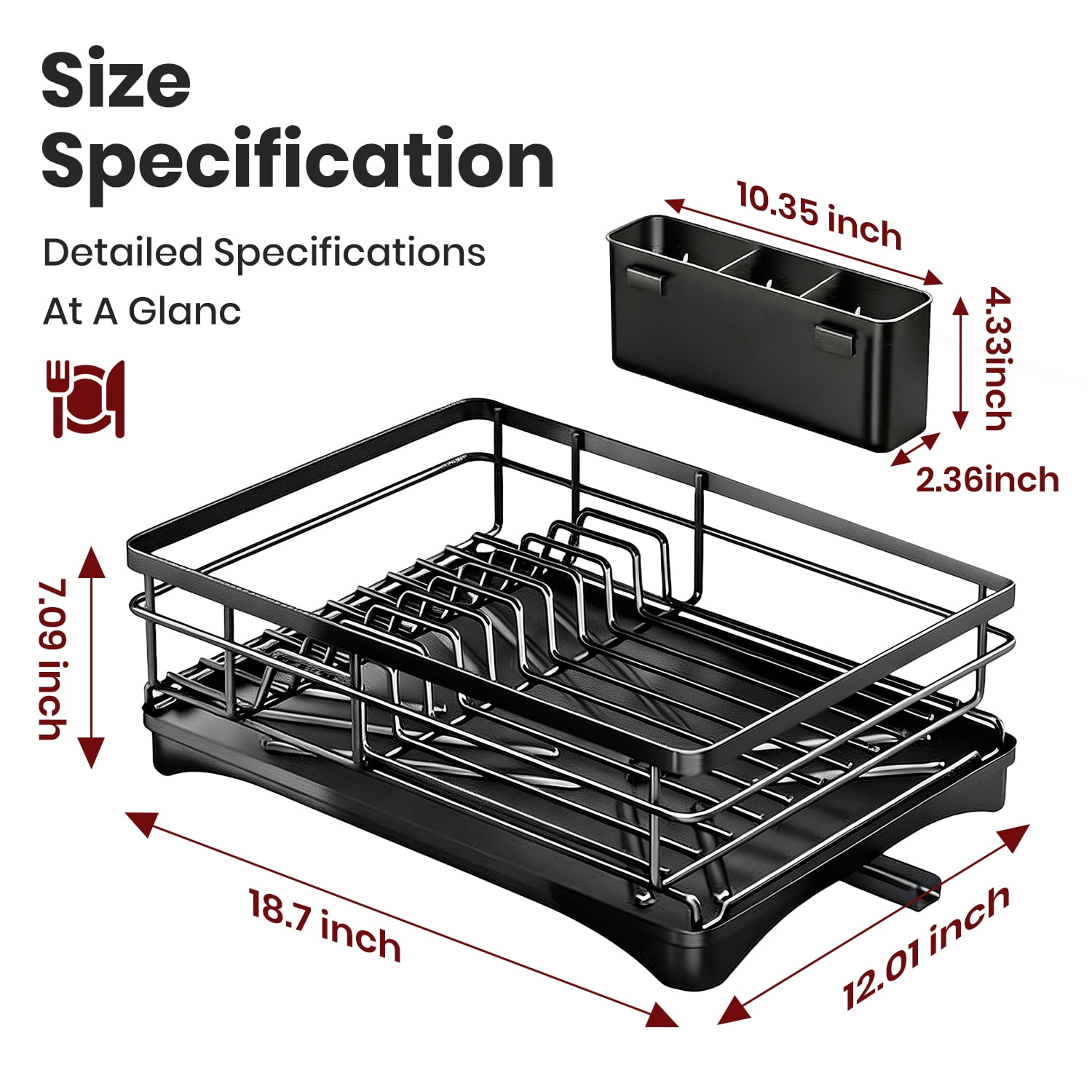 Armorget Dish Drying Rack, Kitchen Counter Dish Racks with Utersil Holder, with Adjustable Water Outlet, Dish Drainers (18.7L×12.01W×7.09H)in Black - Image 3