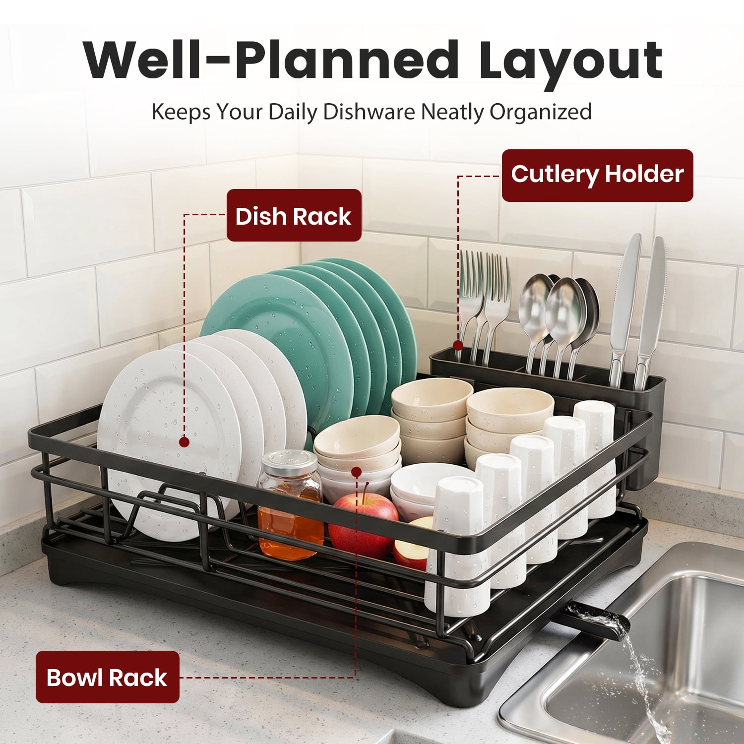 Armorget Dish Drying Rack, Kitchen Counter Dish Racks with Utersil Holder, with Adjustable Water Outlet, Dish Drainers (18.7L×12.01W×7.09H)in Black - Image 4