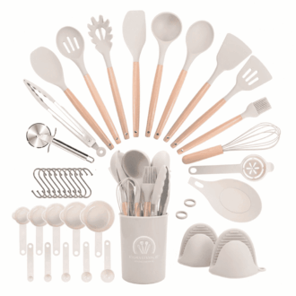 Asoricing 37 Pcs Kitchen Utensils Set, Silicone Cooking Tools for Nonstick Cookware, 446℉ Heat Resistant, Wood Handle Kitchen Gadgets (Khaki)