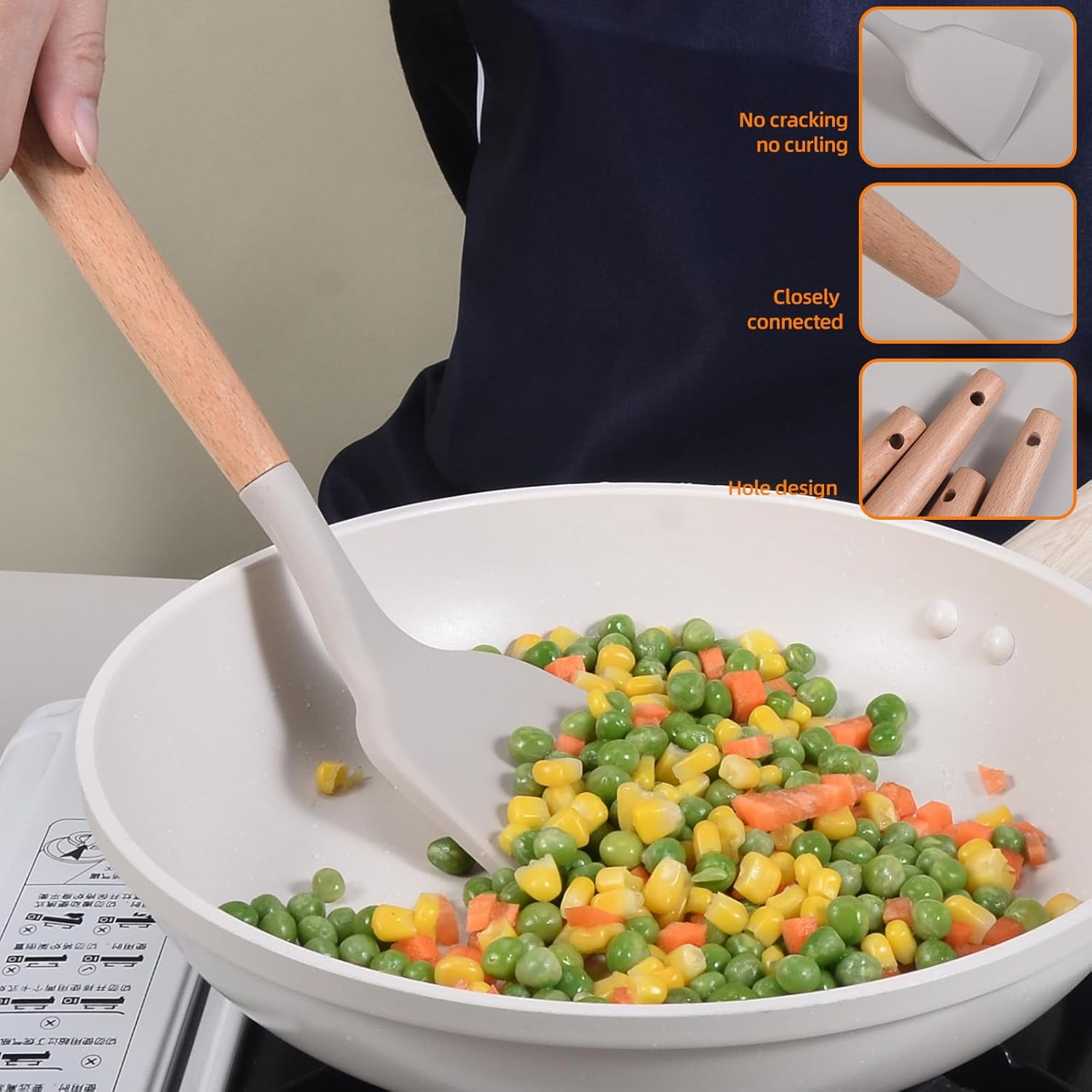 Asoricing 37 Pcs Kitchen Utensils Set, Silicone Cooking Tools for Nonstick Cookware, 446℉ Heat Resistant, Wood Handle Kitchen Gadgets (Khaki) - Image 2