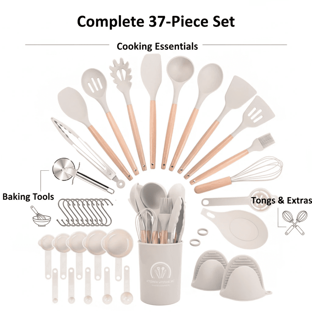 Asoricing 37 Pcs Kitchen Utensils Set, Silicone Cooking Tools for Nonstick Cookware, 446℉ Heat Resistant, Wood Handle Kitchen Gadgets (Khaki) - Image 3