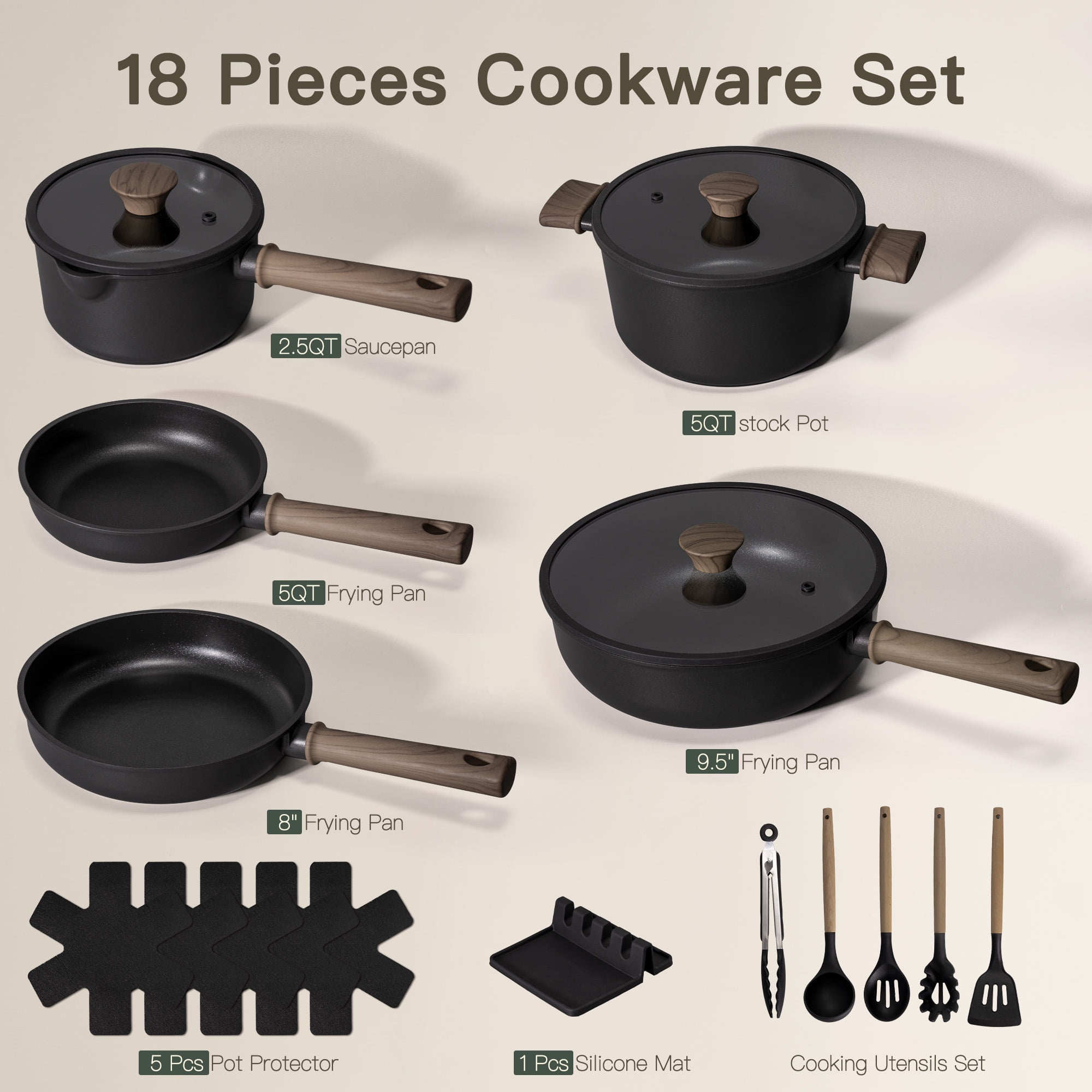 Astercook 18-Piece Pots and Pans Set, Black Titanium Induction Nonstick Cookware Set, Oven Safe to 480°F, Induction Compatible & Dishwasher Safe, Kitchen Cooking Set for RV Trips, Camping and Picnic - Image 5
