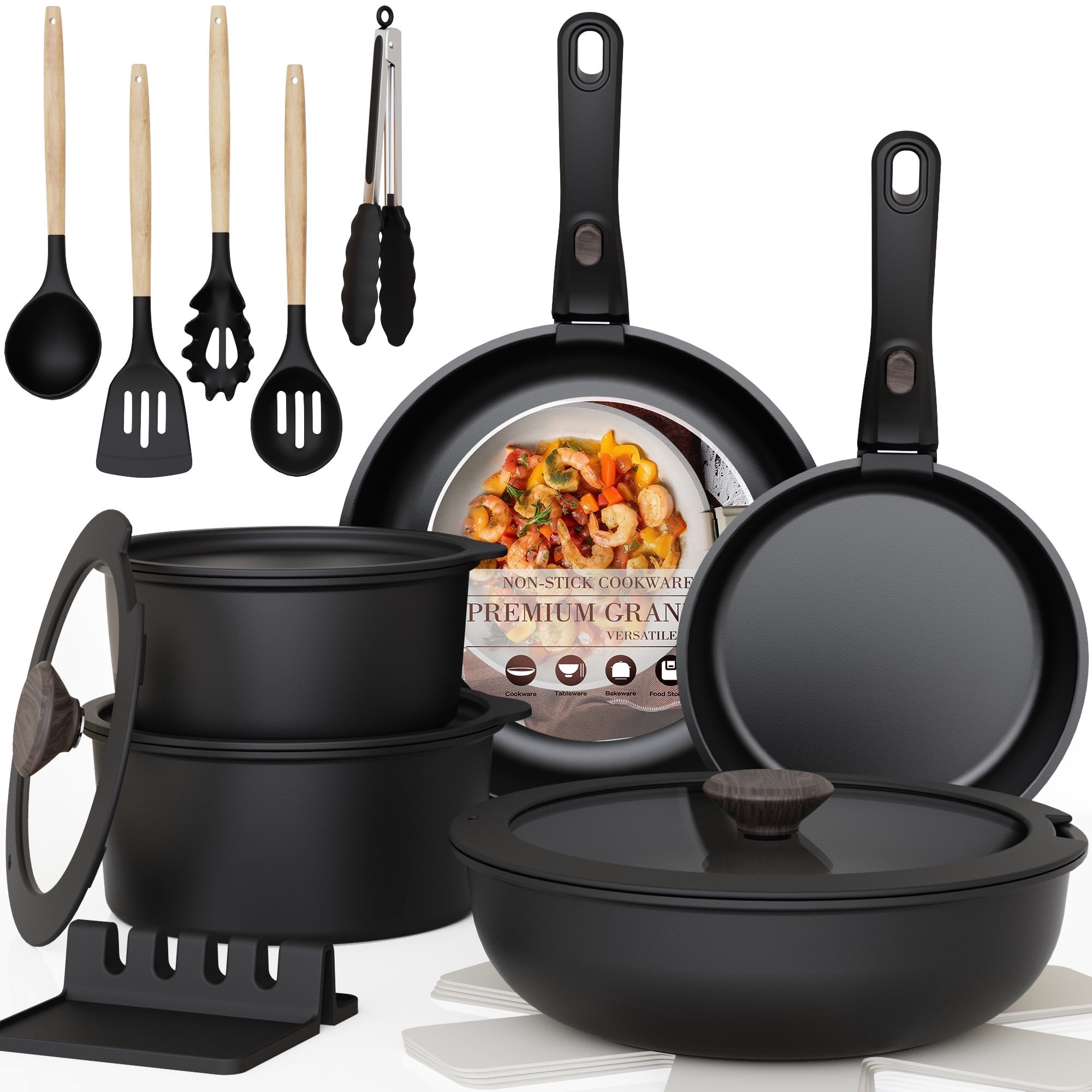 Astercook 20-Piece Pots and Pans Set, Nonstick Cookware Set with Detachable Handles, Oven & Dishwasher Safe, Induction Compatible, Stackable RV Kitchen Cooking Set, Black