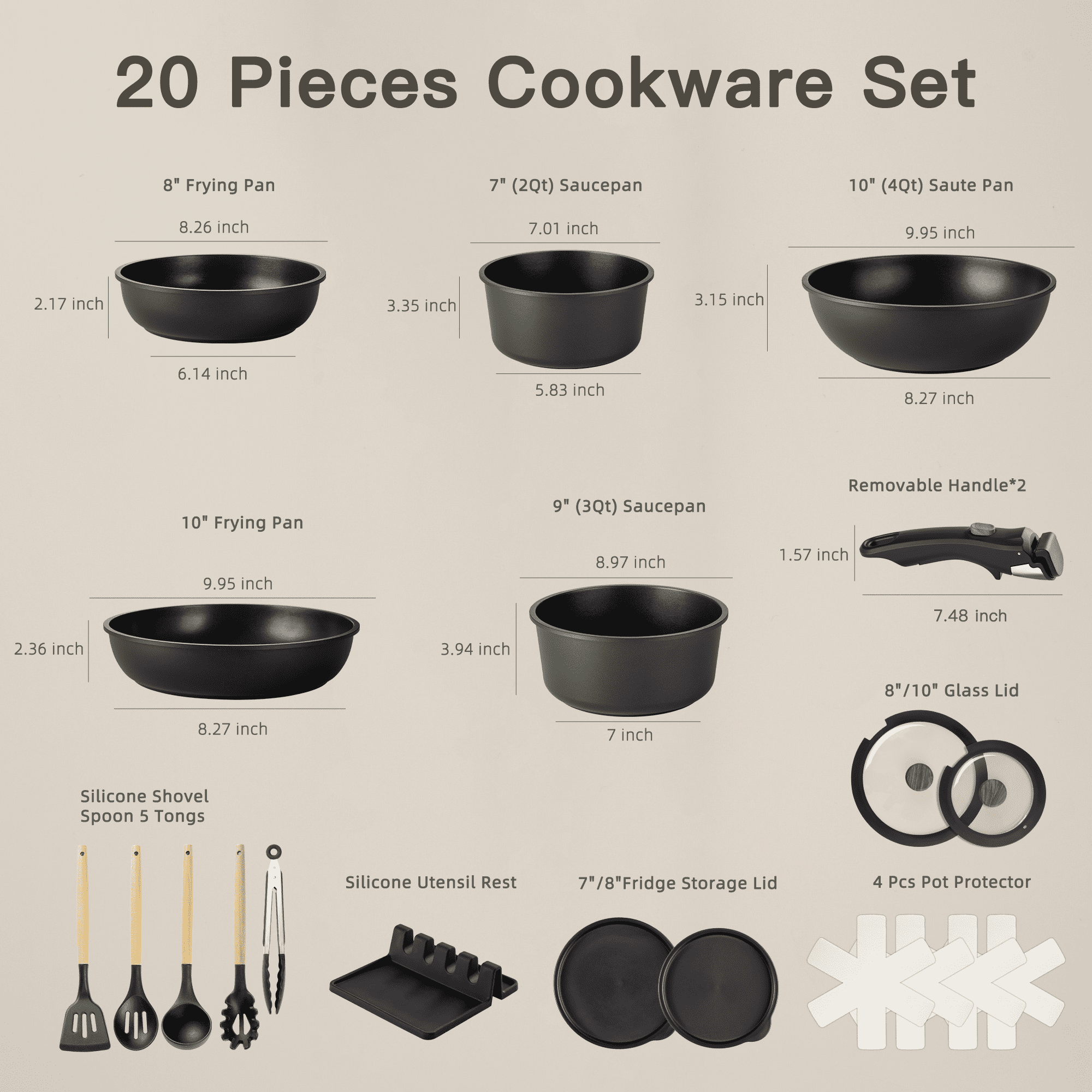 Astercook 20-Piece Pots and Pans Set, Nonstick Cookware Set with Detachable Handles, Oven & Dishwasher Safe, Induction Compatible, Stackable RV Kitchen Cooking Set, Black - Image 5