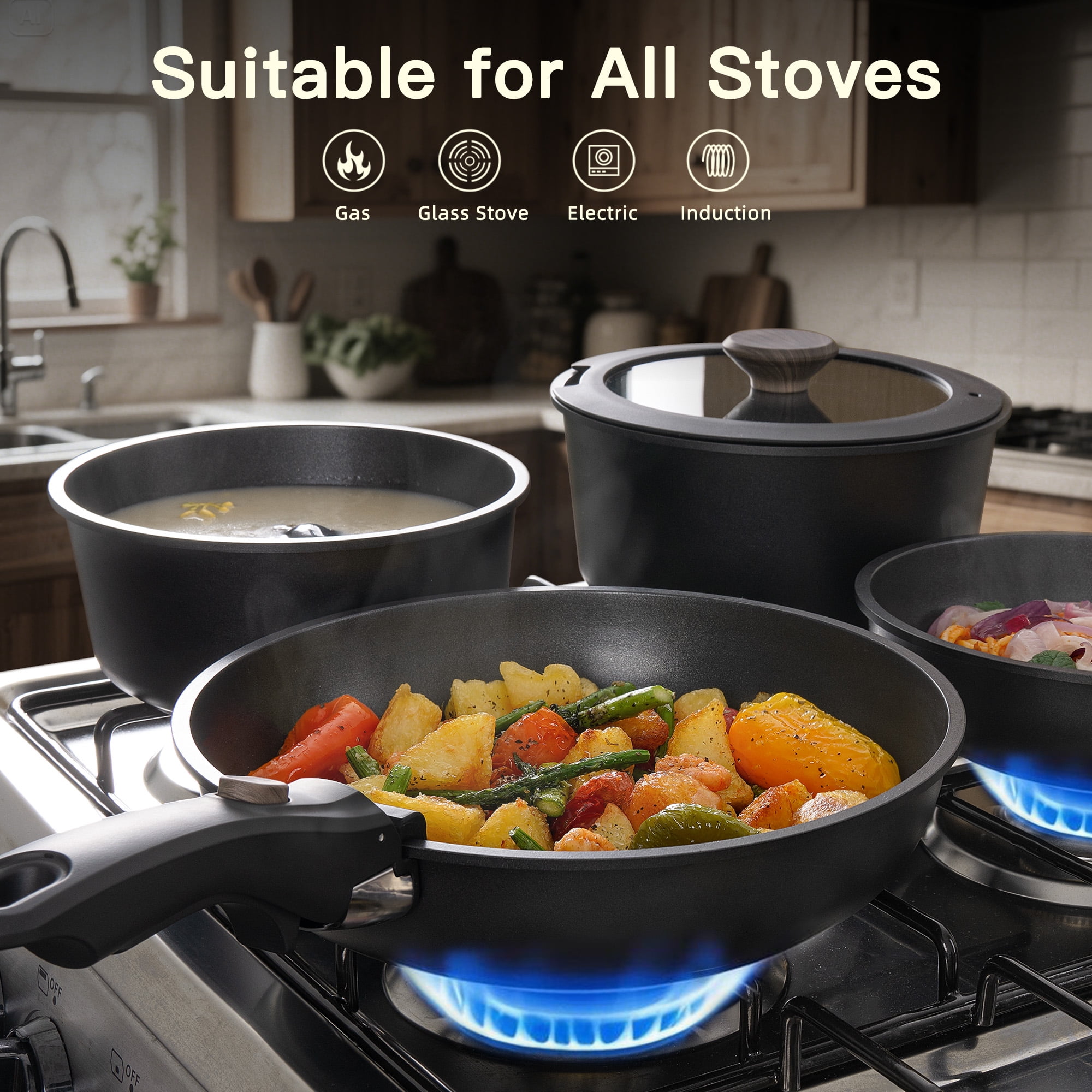 Astercook 20-Piece Pots and Pans Set, Nonstick Cookware Set with Detachable Handles, Oven & Dishwasher Safe, Induction Compatible, Stackable RV Kitchen Cooking Set, Black - Image 2