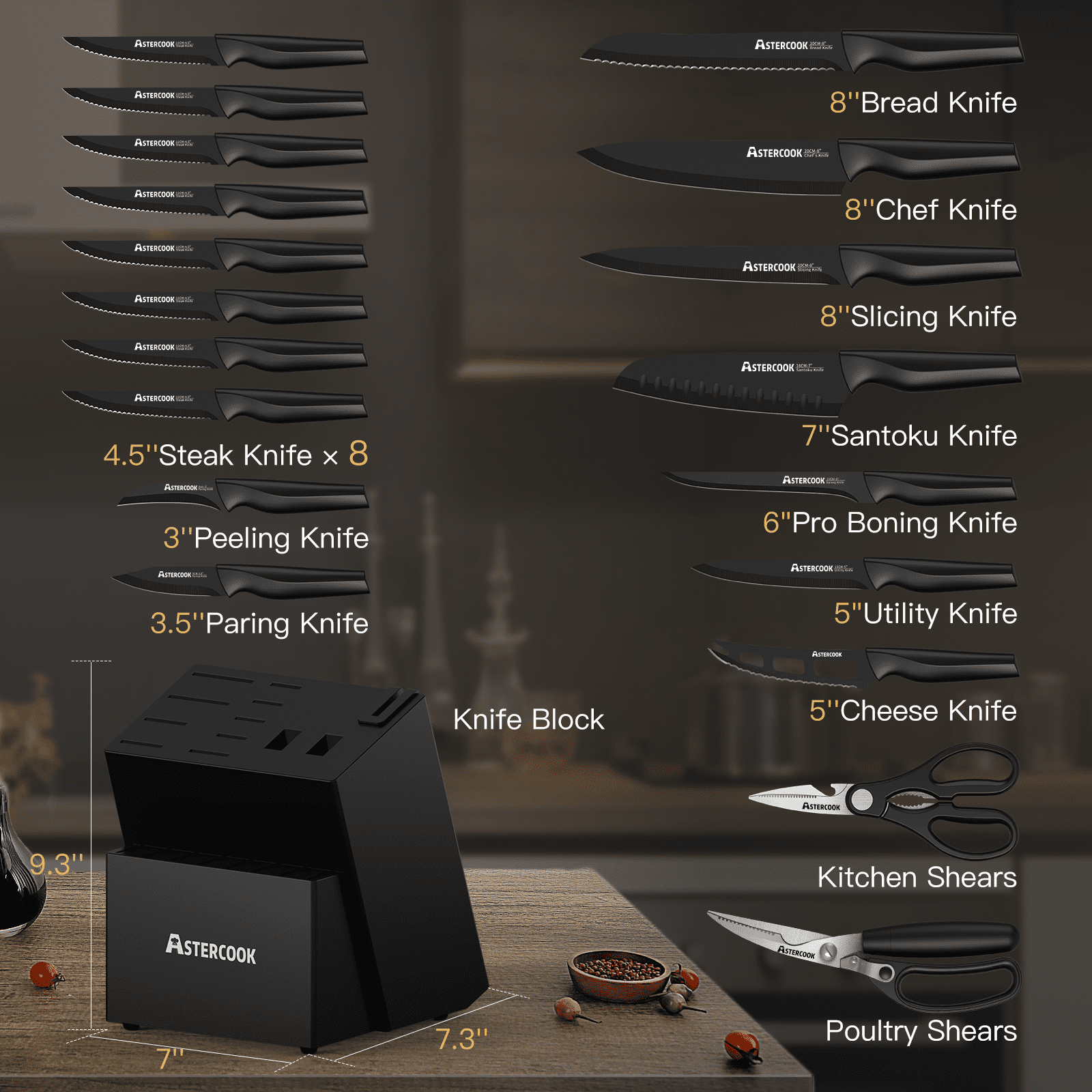 Astercook 20 Pieces Knife Set, Kitchen Knives Set with Built-in Sharpener, Healthy Anti-Rust Coating & German Stainless Steel Knife Block Sets, Dishwasher Safe Black - Image 5