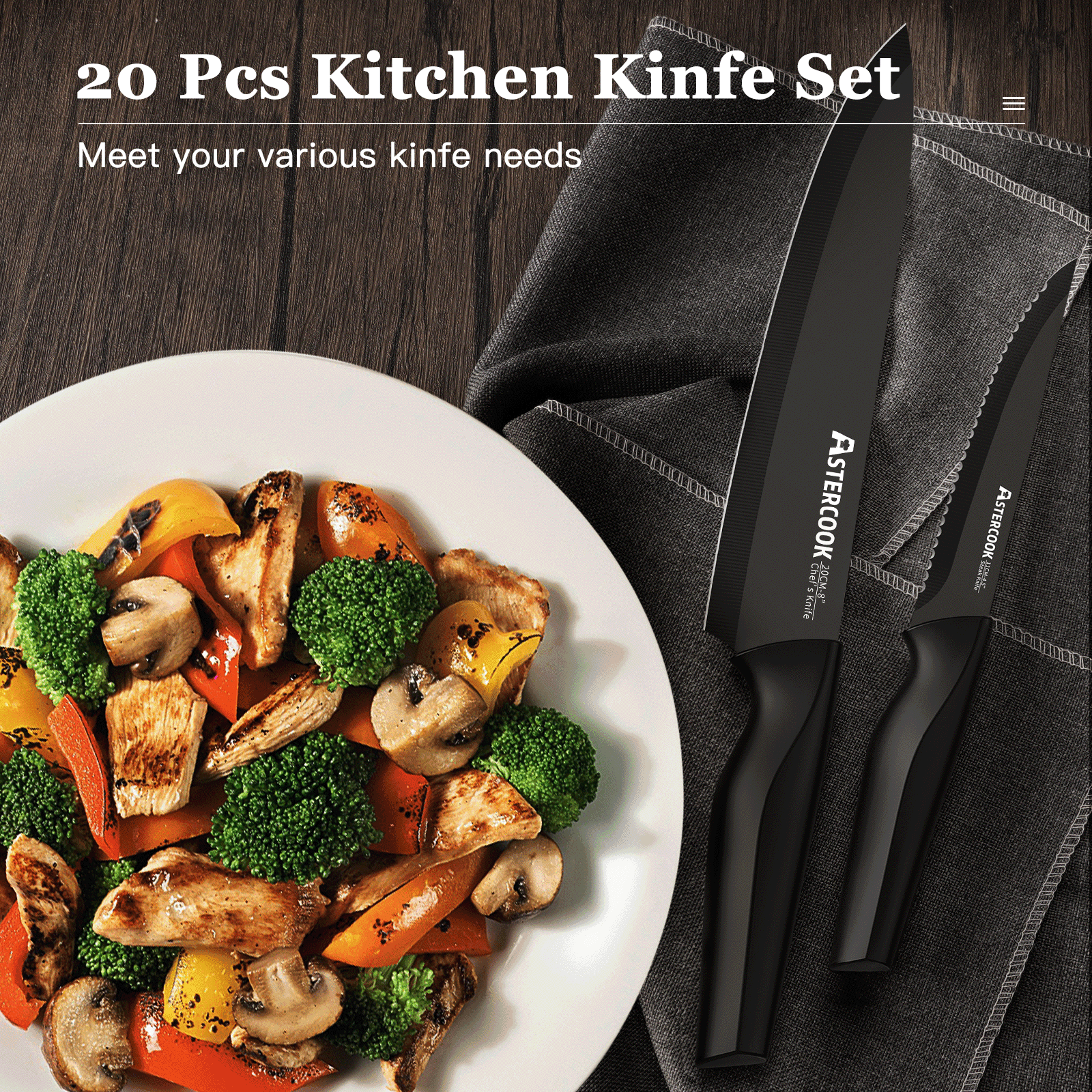 Astercook 20 Pieces Knife Set, Kitchen Knives Set with Built-in Sharpener, Healthy Anti-Rust Coating & German Stainless Steel Knife Block Sets, Dishwasher Safe Black - Image 3