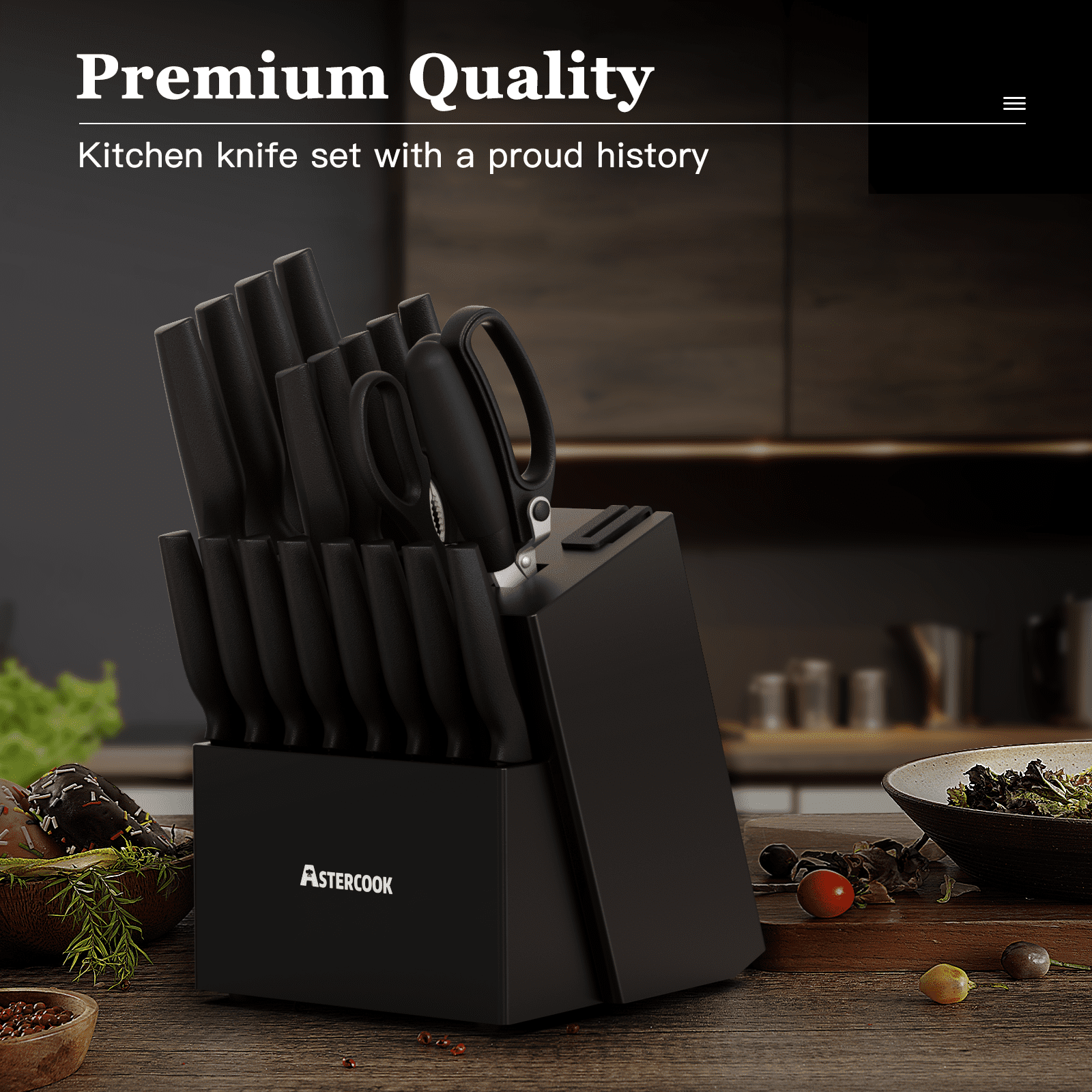 Astercook 20 Pieces Knife Set, Kitchen Knives Set with Built-in Sharpener, Healthy Anti-Rust Coating & German Stainless Steel Knife Block Sets, Dishwasher Safe Black - Image 4