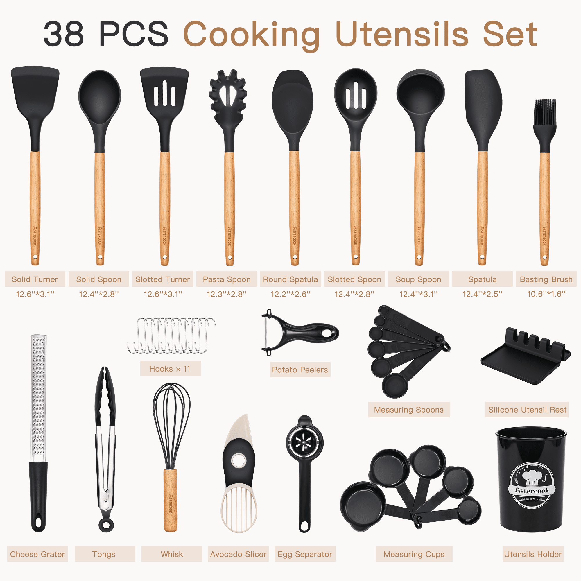 Astercook Silicone Cooking Utensils Set, 38 PCS Kitchen Utensils Set for 446°F Heat Resistant, Food Grade Utensil Sets with Wooden Handle, Kitchen Gadgets for Nonstick Cookware BPA Free (Black) - Image 3