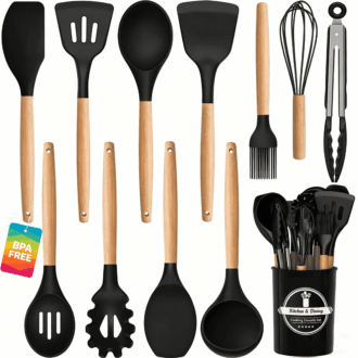 Axidou Silicone Cooking Utensils Set - 12 Pcs Silicone Kitchen Utensils for Non-Stick Cookware, 446°F Heat Resistant, BPA Free Kitchen Gadgets Tools with Holder, Dishwasher Safe (Black)