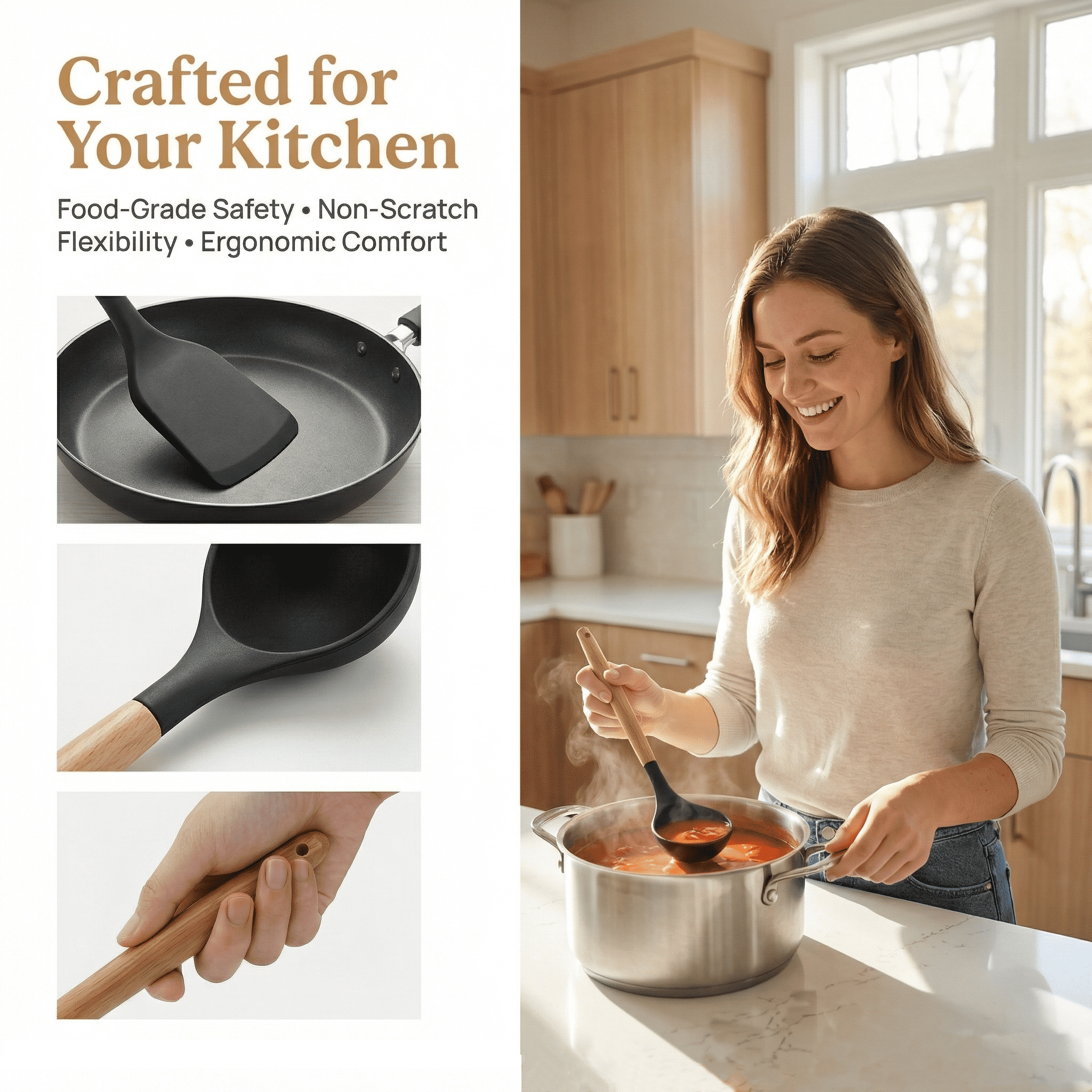 Axidou Silicone Cooking Utensils Set - 12 Pcs Silicone Kitchen Utensils for Non-Stick Cookware, 446°F Heat Resistant, BPA Free Kitchen Gadgets Tools with Holder, Dishwasher Safe (Black) - Image 4
