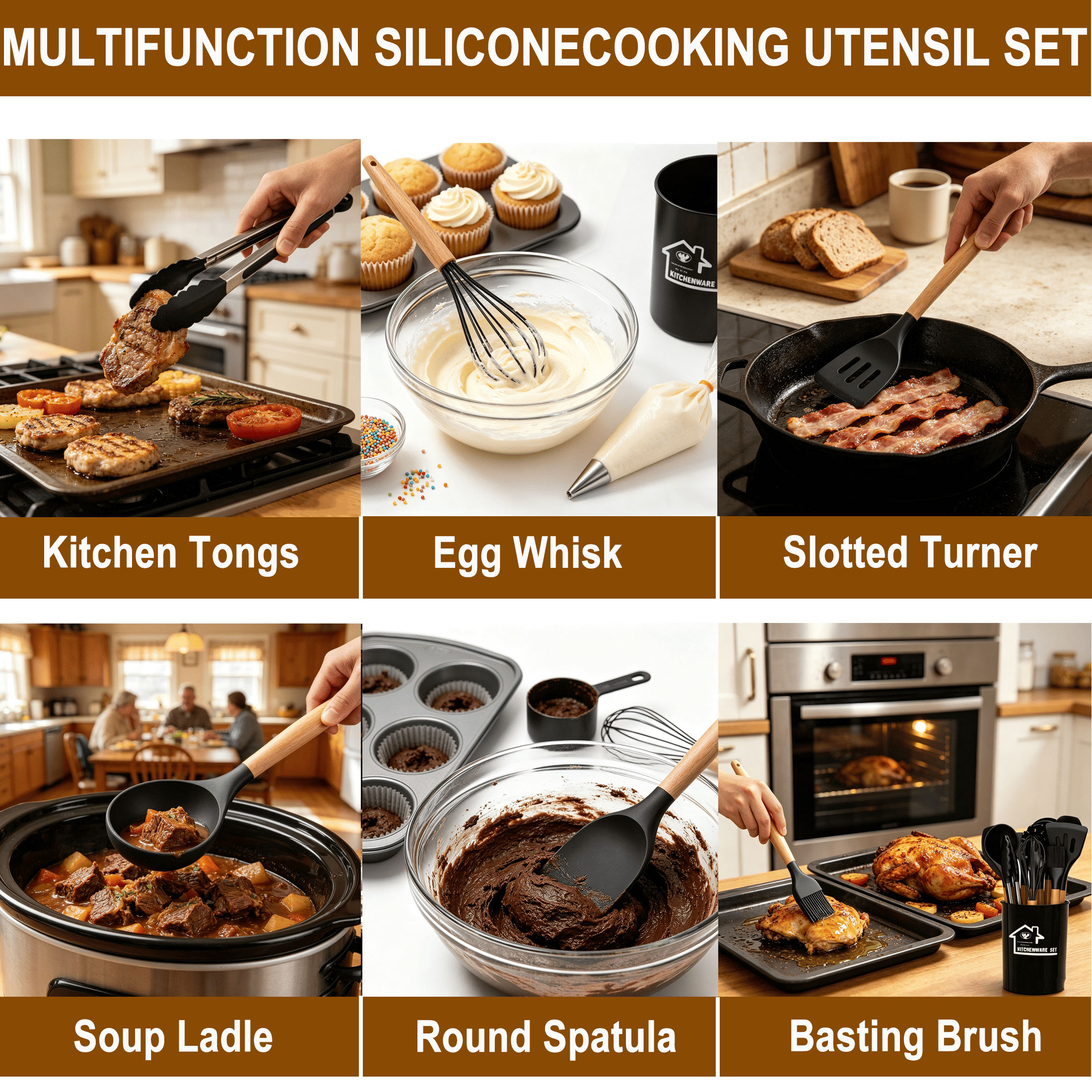 Axidou Silicone Cooking Utensils Set - 12 Pcs Silicone Kitchen Utensils for Non-Stick Cookware, 446°F Heat Resistant, BPA Free Kitchen Gadgets Tools with Holder, Dishwasher Safe (Black) - Image 2