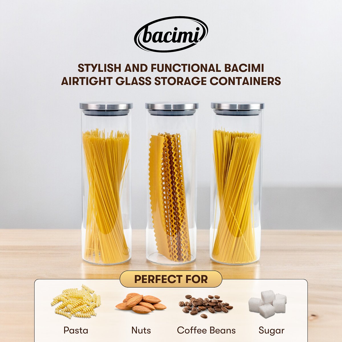 Bacimi Airtight BorosilicateGlass Storage Containers for Spaghetti, Pasta, Noodles, Flour, Cereal, Coffee & Snacks - Multi Purpose Food Storage Jar & Canisters for Kitchen & Pantry - Image 3