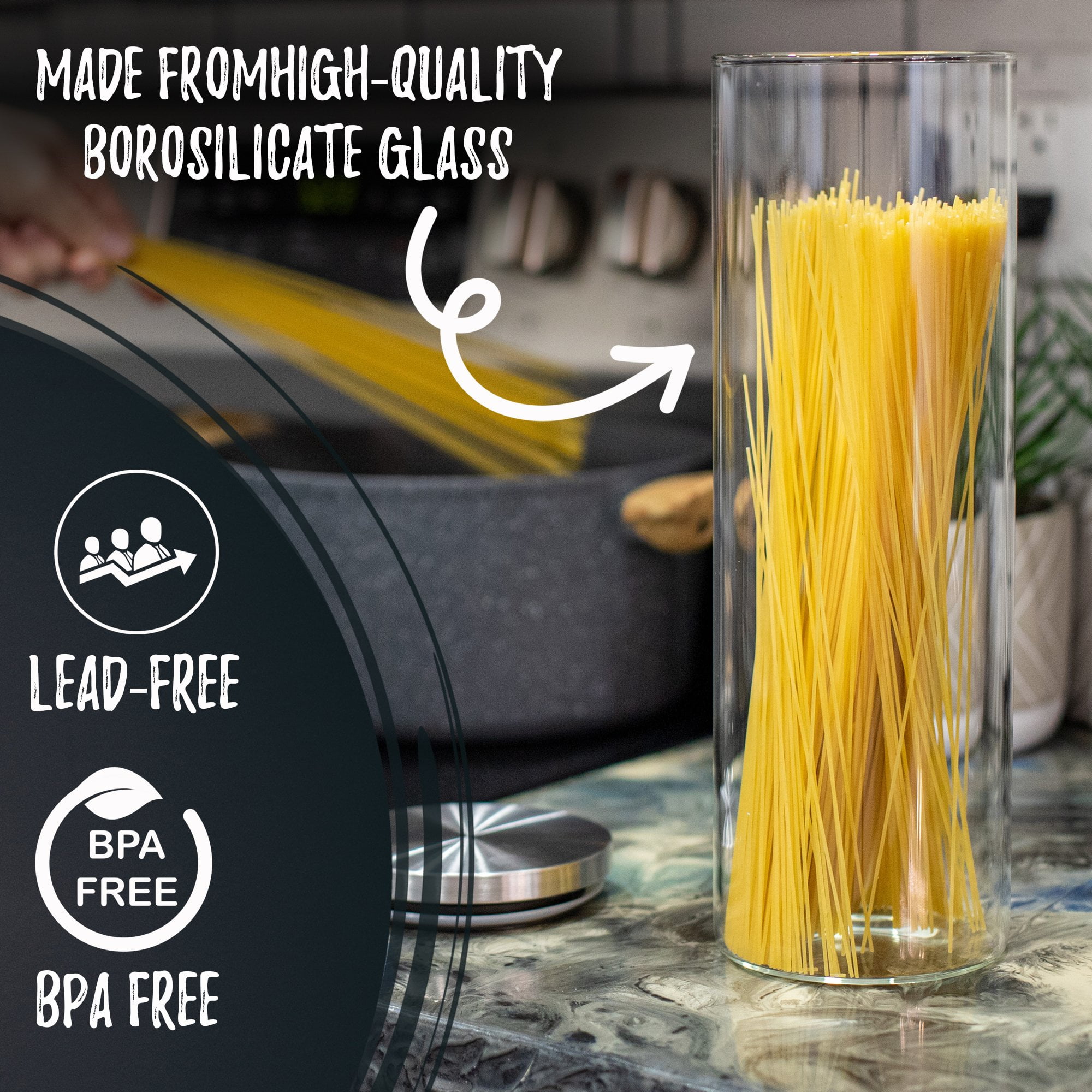 Bacimi Airtight BorosilicateGlass Storage Containers for Spaghetti, Pasta, Noodles, Flour, Cereal, Coffee & Snacks - Multi Purpose Food Storage Jar & Canisters for Kitchen & Pantry - Image 2
