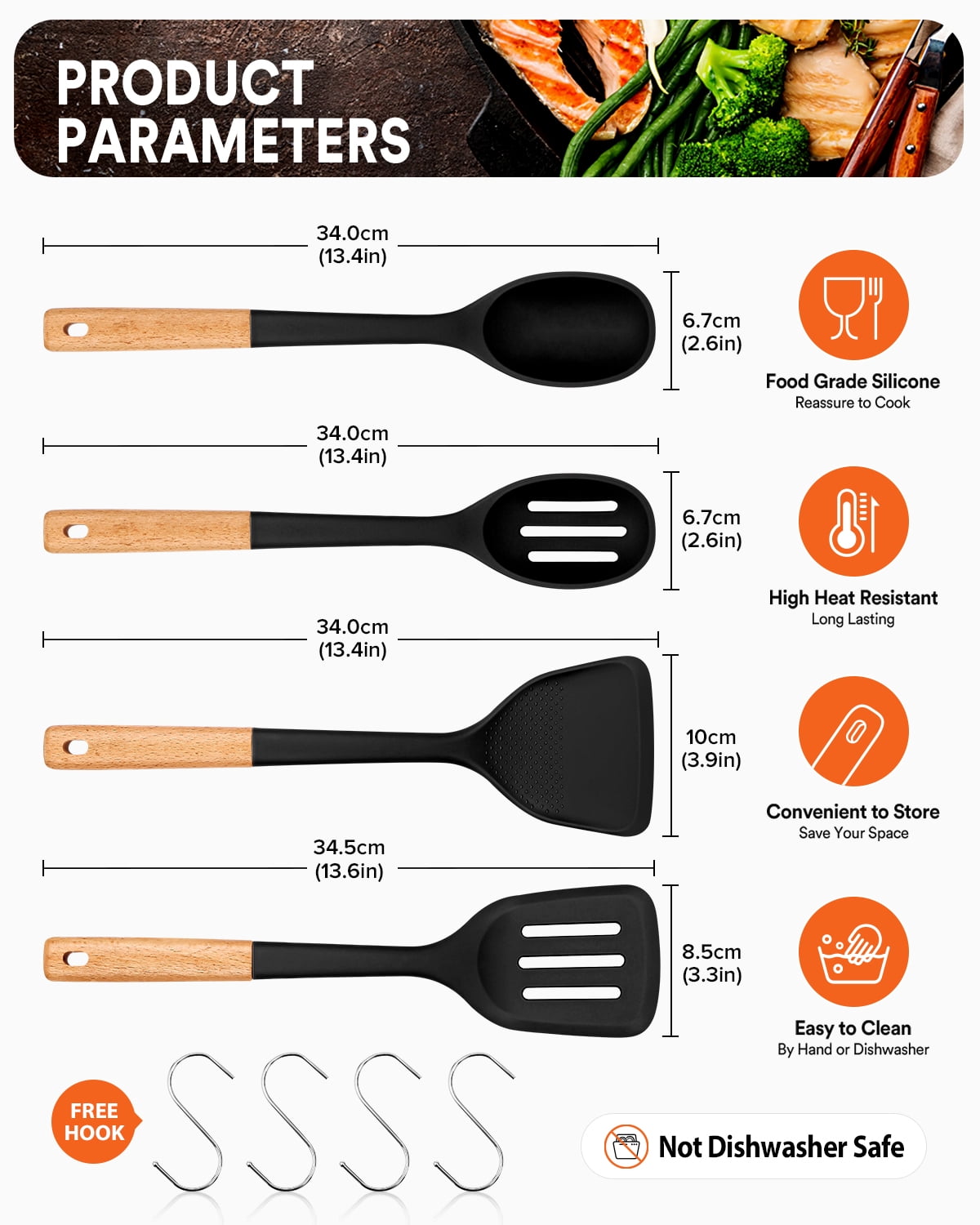 Badiano 4 Pack Wood Handle Silicone Kitchen Cooking Utensils Set for Nonstick Cookware Surface,Black - Image 2