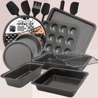 Bakeware Sets, Baking Pans Set, Nonstick Oven Pan for Kitchen with Wider Grips, 9 Pieces Including Rack, Cookie Sheet, Cake Pans, Loaf Pan, Muffin Pan, Pizza Pan ,Silicone Whisk Scraper Clamps