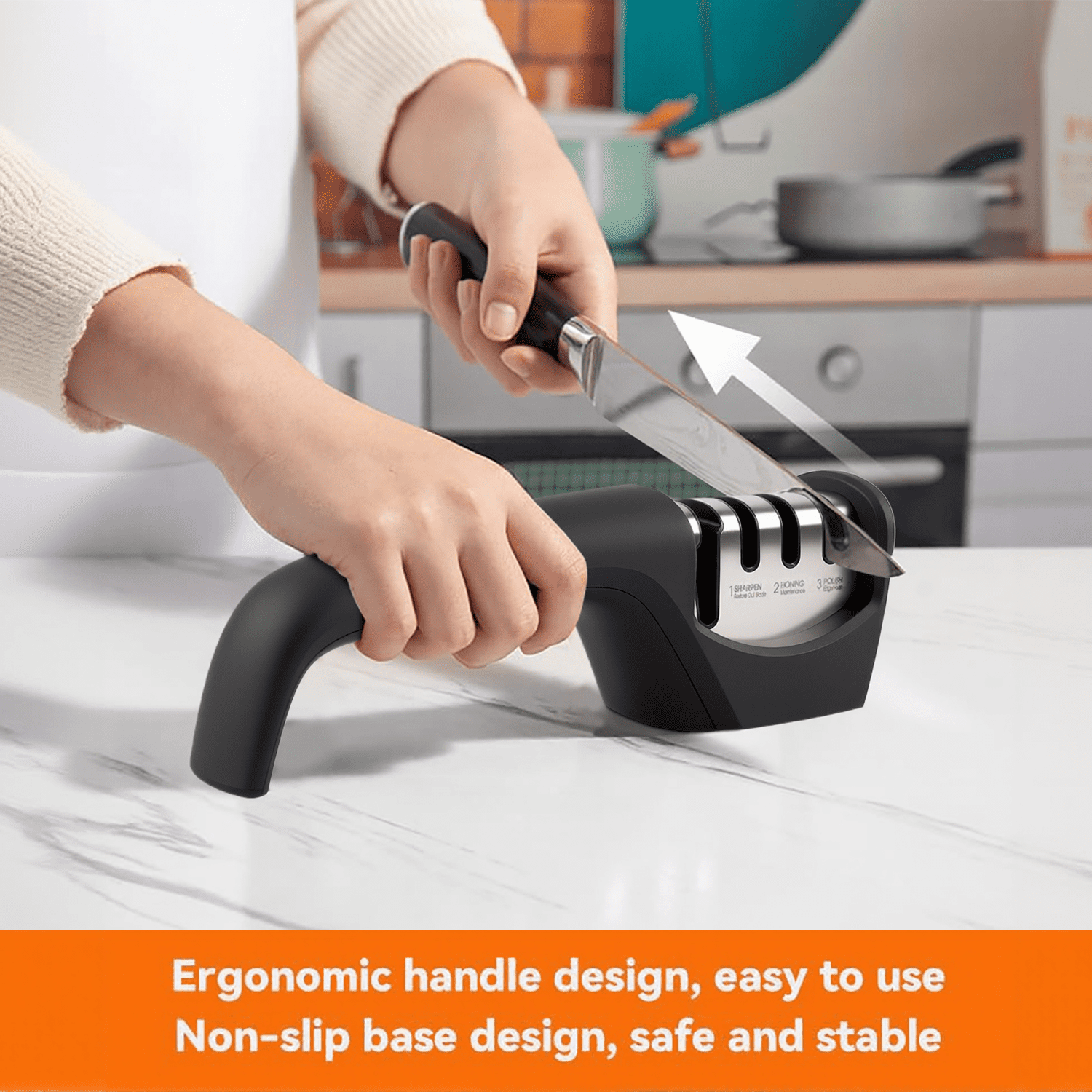 Behome 4-in-1 Knife Sharpener, 4-Stage Knife Sharpener Helps Sharpen, Honing, Polish Blades, kitchen Manual knife Sharpener for Fruit Knife and Steel Knives, Scissors - Image 2