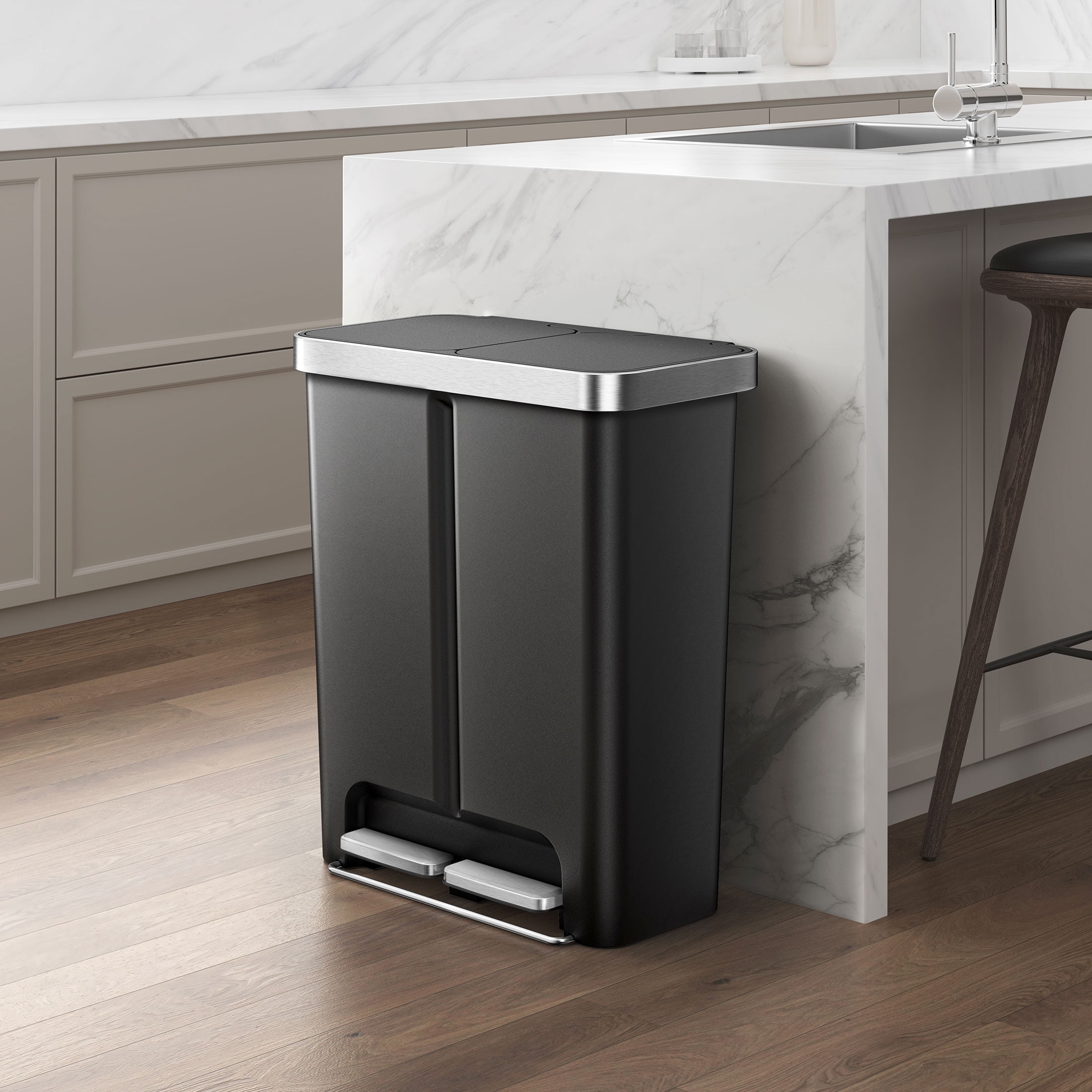 Better Homes & Gardens Kitchen Recycle Trash Can, 16 Gallon Plastic Dual Compartment Step Garbage Bin, Black - Image 3