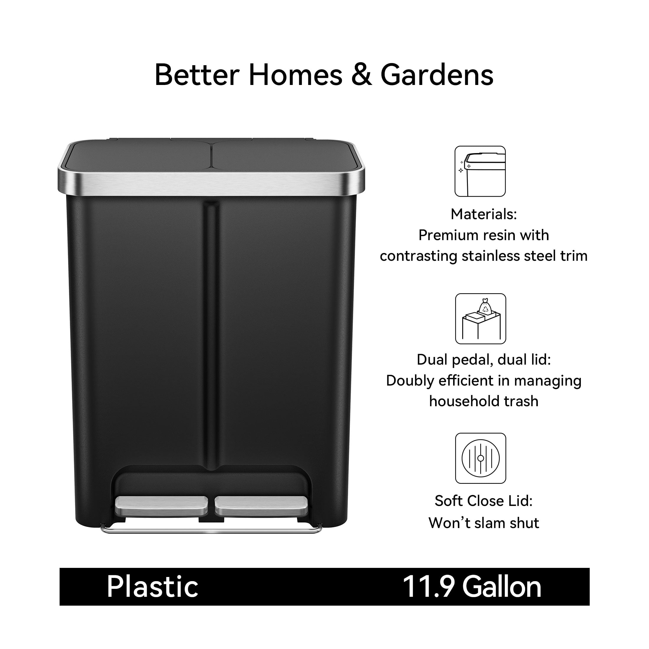 Better Homes & Gardens Kitchen Recycle Trash Can, 16 Gallon Plastic Dual Compartment Step Garbage Bin, Black - Image 5