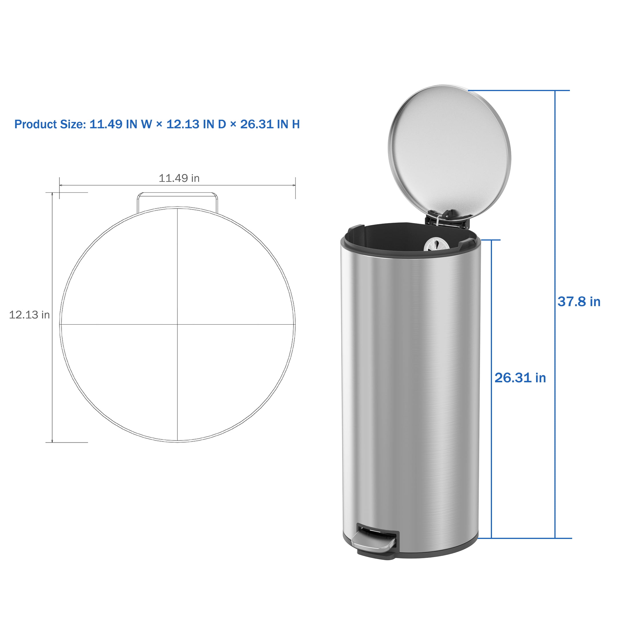 Better Homes & Gardens Kitchen Trash Can, 7.9 Gallon Stainless Steel Round Step Garbage Bin with Soft Close Lid, Silver - Image 4