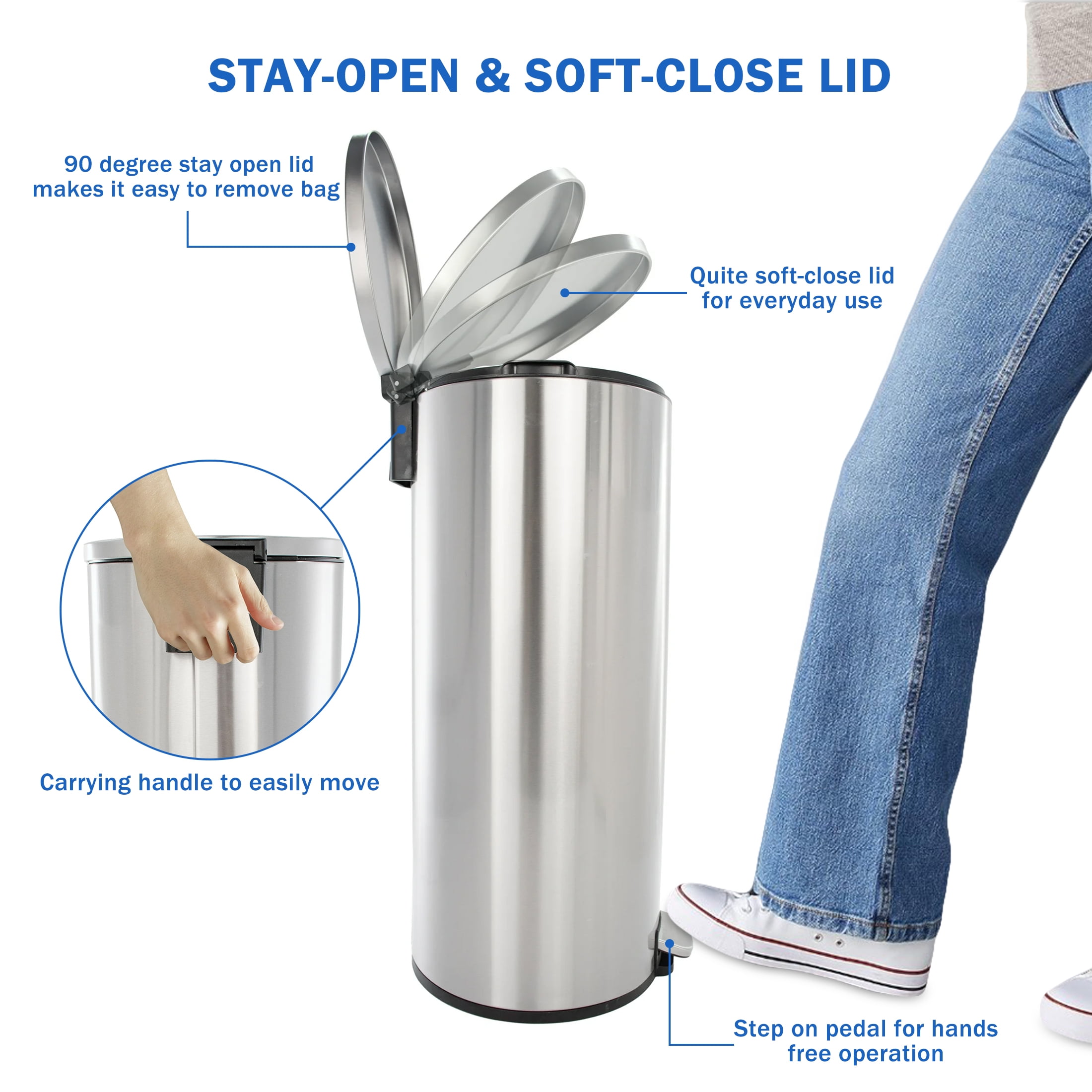 Better Homes & Gardens Kitchen Trash Can, 7.9 Gallon Stainless Steel Round Step Garbage Bin with Soft Close Lid, Silver - Image 3