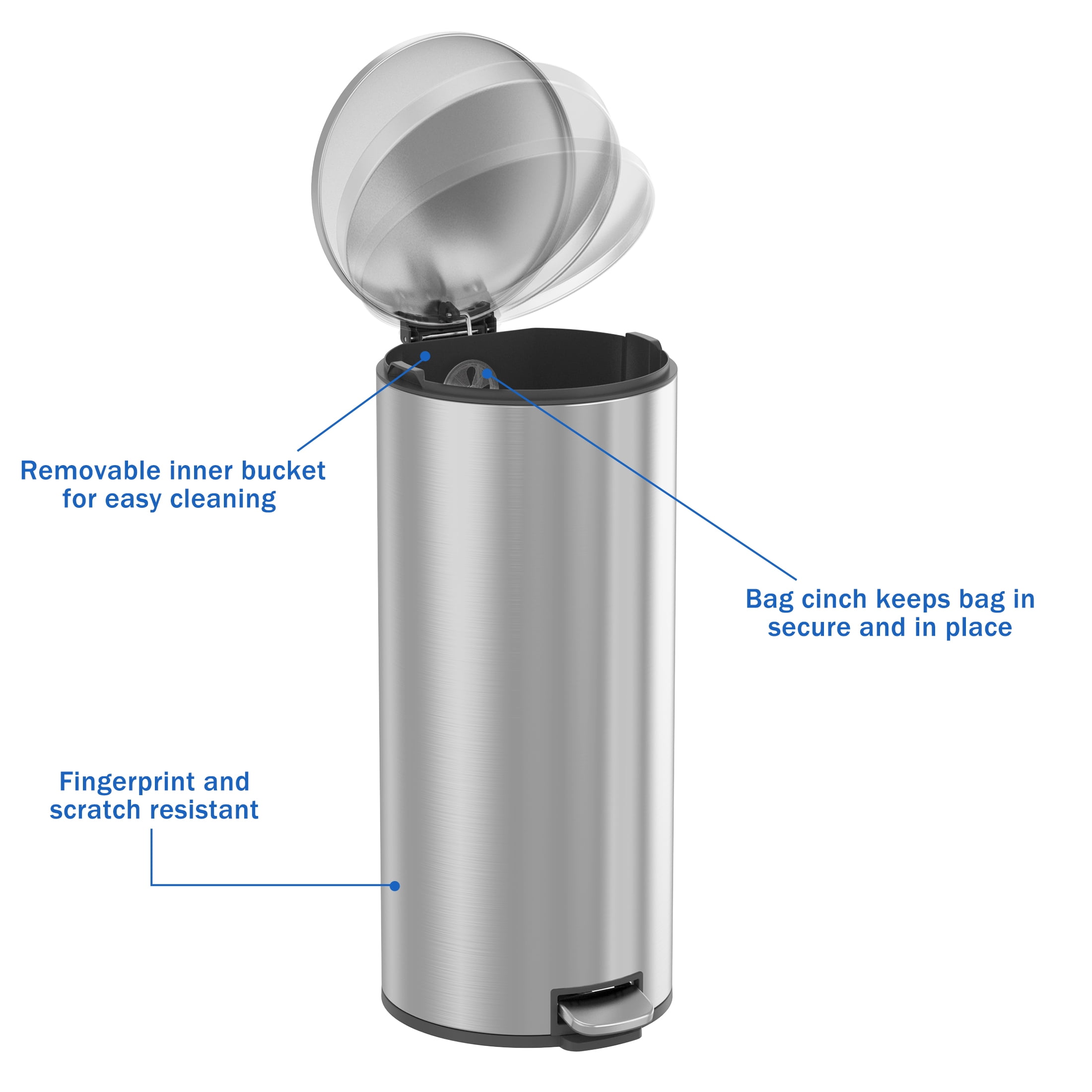 Better Homes & Gardens Kitchen Trash Can, 7.9 Gallon Stainless Steel Round Step Garbage Bin with Soft Close Lid, Silver - Image 2