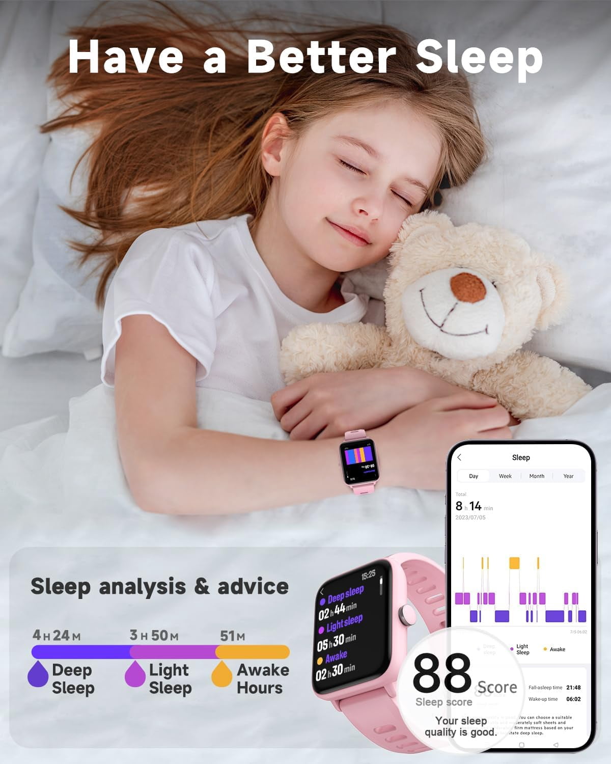BIGGERFIVE Kids Smart Watch, 1.5''HD Touchscreen Fitness Tracker for Girls Boys, 5ATM Waterproof, Black - Image 5