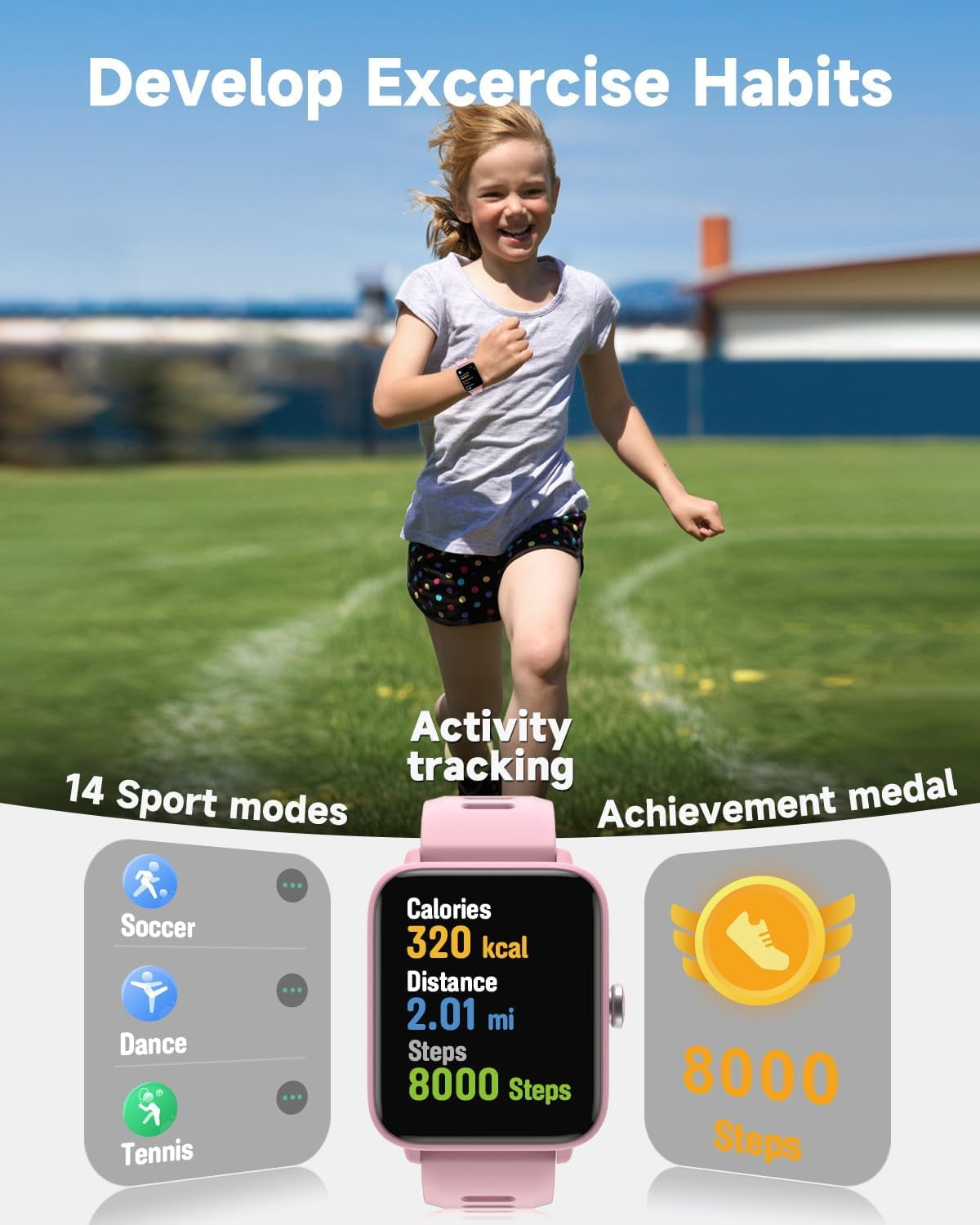BIGGERFIVE Kids Smart Watch, 1.5''HD Touchscreen Fitness Tracker for Girls Boys, 5ATM Waterproof, Black - Image 3