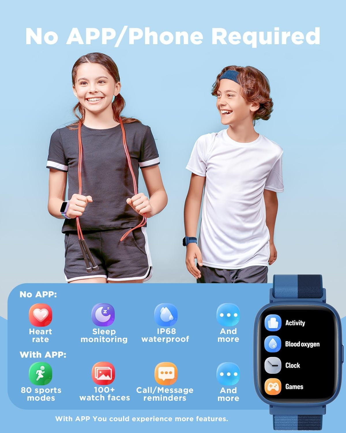 BIGGERFIVE Smart Watch for Kids, 1.8" Fitness Tracker Watch Pedometer, Sleep Monitor, IP68 Waterproof, Calorie Step Counter, Puzzle Game with/Without APP for Girls Teens 5-16, - Image 2
