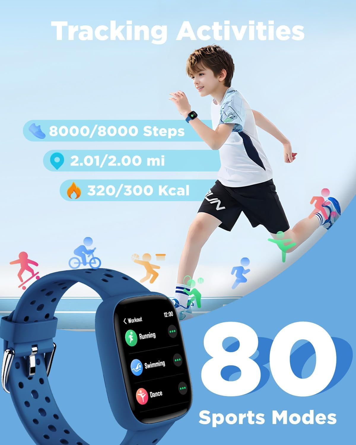 BIGGERFIVE Smart Watch for Kids No APP No Phone Needed, 1.8" Fitness Tracker Watch Pedometer, Sleep Monitor, IP68 Waterproof, Step Counter, Puzzle Games for Girls Boys Teens 5-16, Blue - Image 2